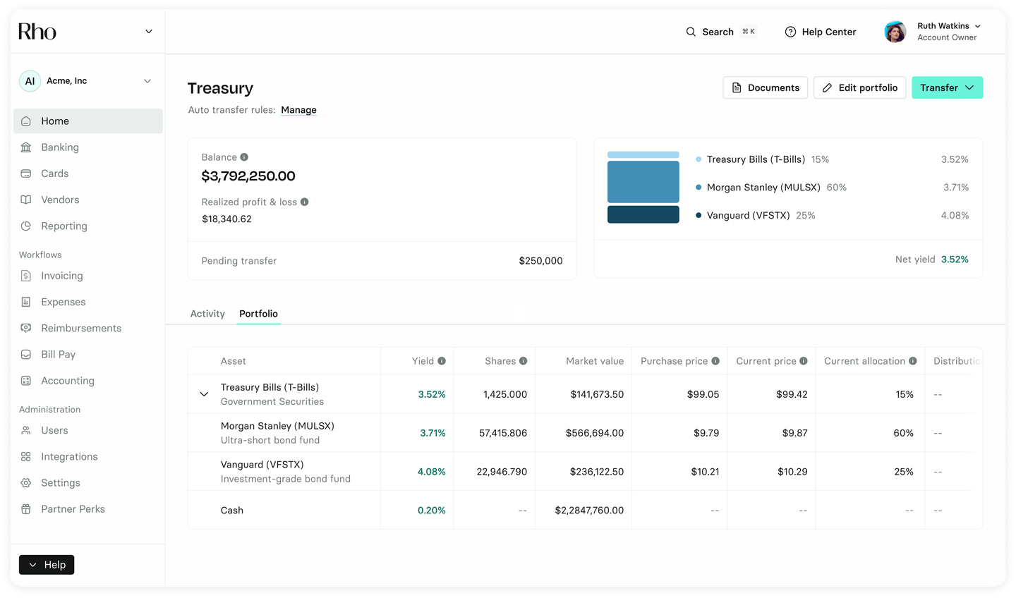 Financial dashboard showing a portfolio with assets including Treasury Bills, Morgan Stanley, and Vanguard, with a balance of $3,792,250.