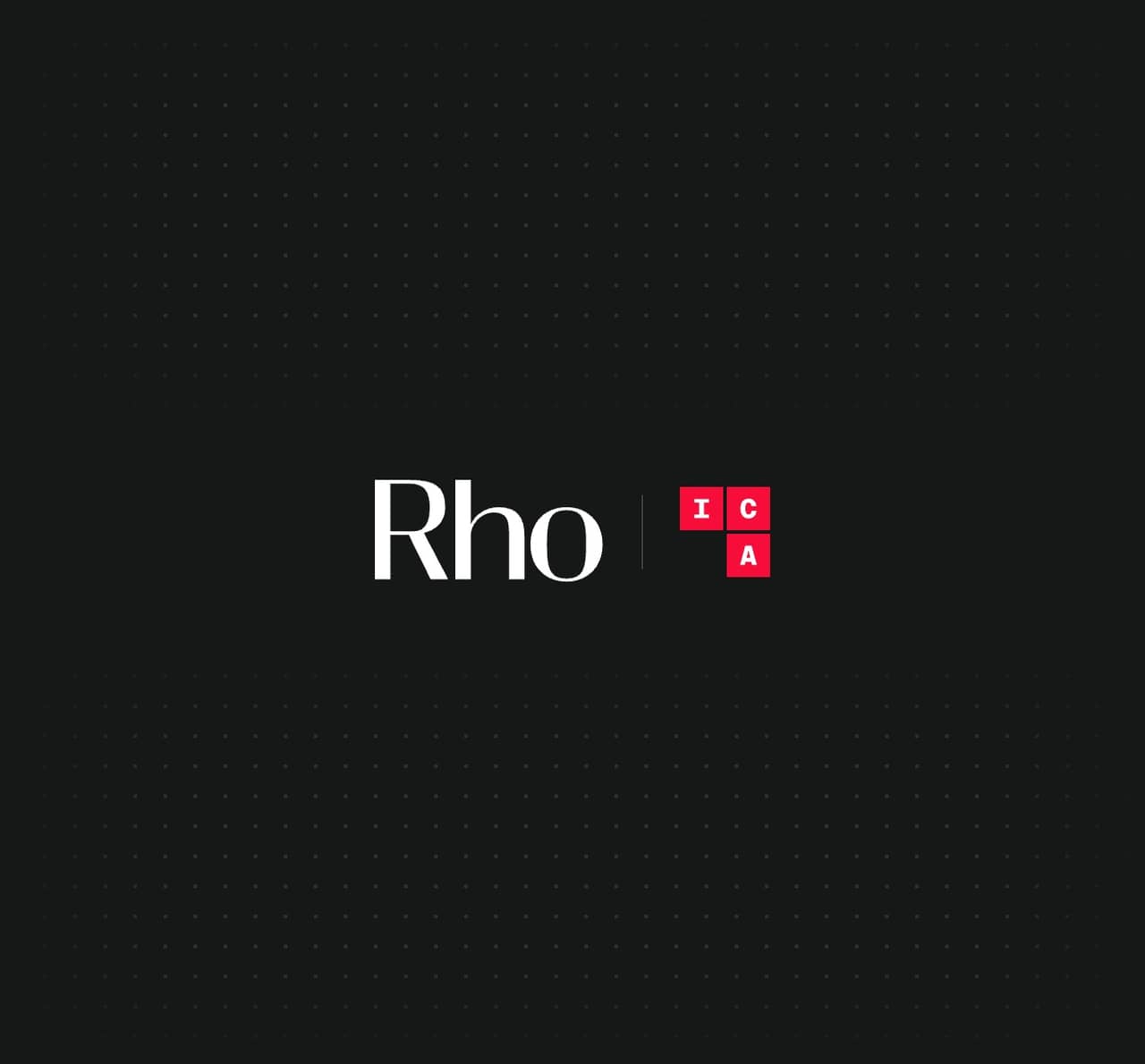 The image features the text "Rho" in white, followed by red blocks with the letters "ICA" on a black, dotted background.