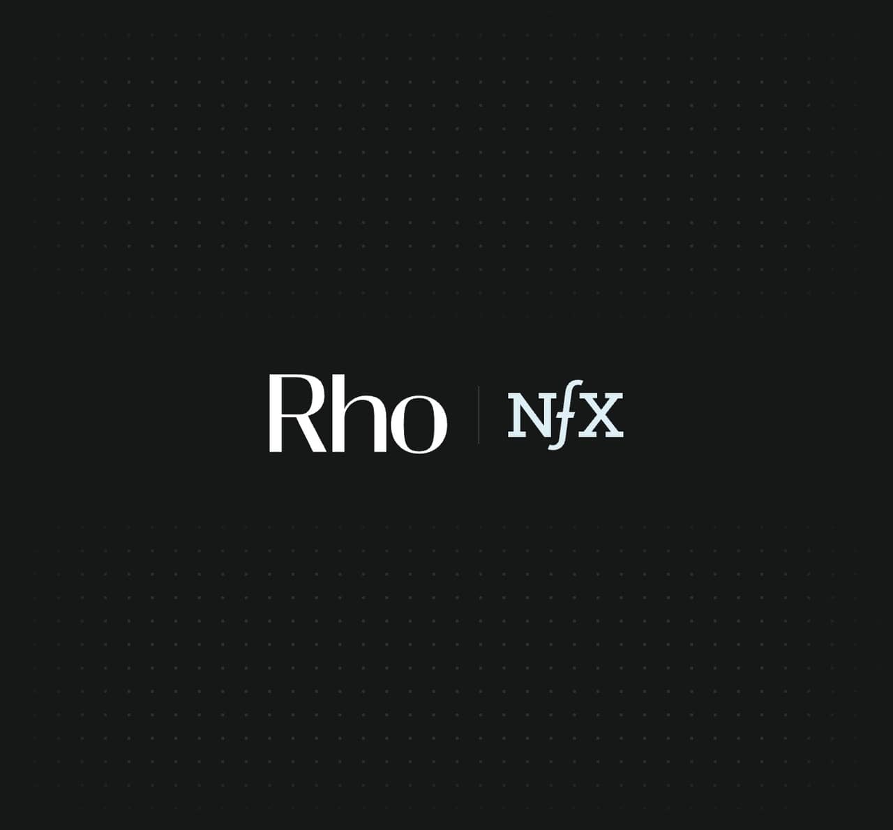 The image features a dark background with the white text "Rho | NfX" in the center.