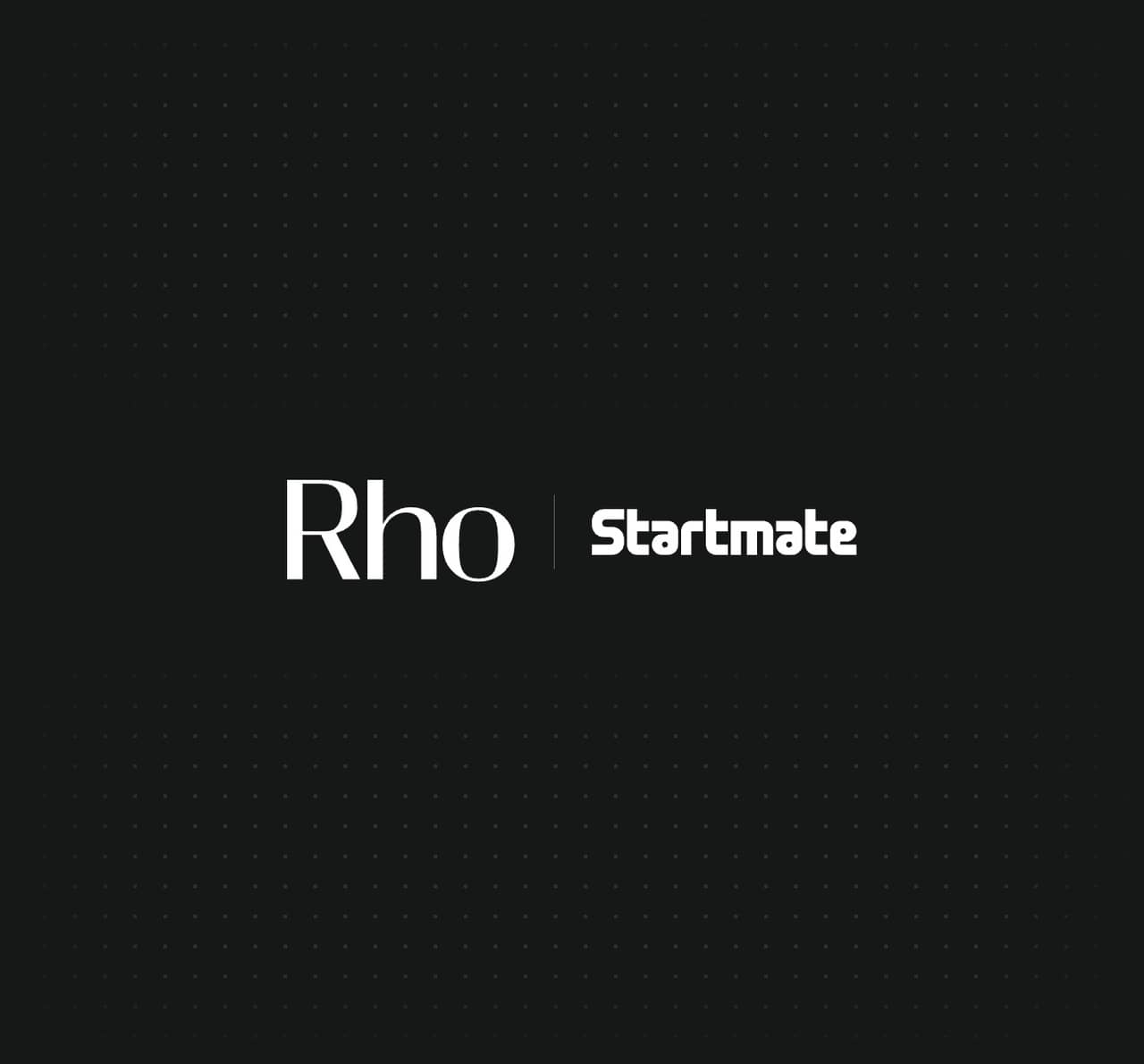 Logos of "Rho" and "Startmate" on a black background with subtle dotted pattern.