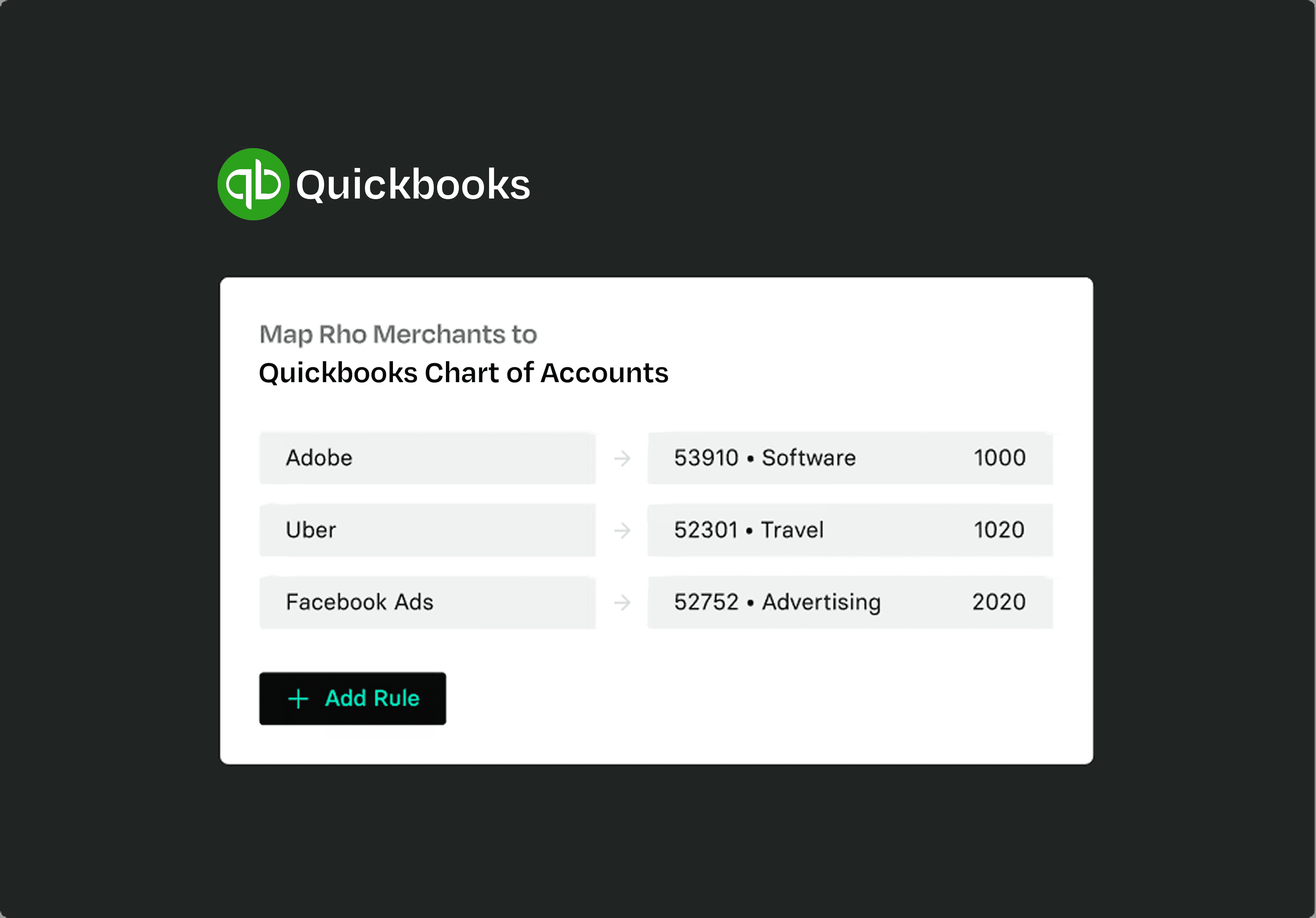 QuickBooks interface showing mapping of merchants to chart of accounts, including Adobe to Software, Uber to Travel, and Facebook Ads to Advertising.