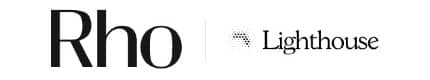 The image shows the logos of "Rho" and "Lighthouse" next to each other in black text on a white background.