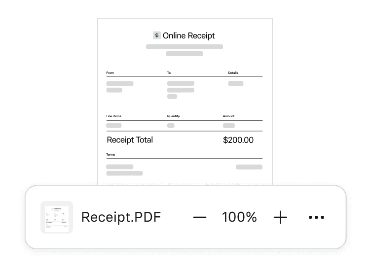 Online receipt displayed with a total of $200, and a highlighted PDF file named "Receipt.PDF" below, showing viewing options.