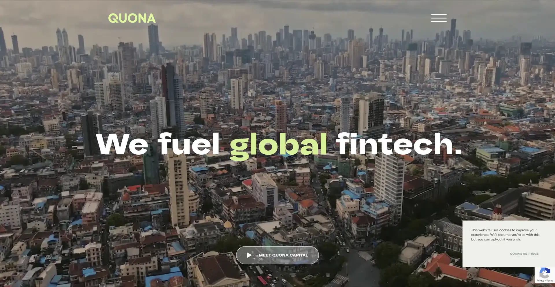 Quona Capital landing page featuring the Quona logo and a cityscape image with the headline ‘We fuel global fintech.’