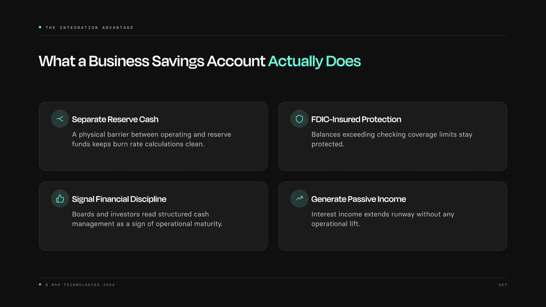 The four core jobs a business savings account does, from cash separation to passive income
