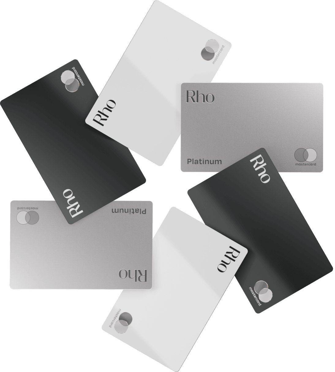 A circular arrangement of six Rho credit cards in black, white, and silver, each displaying the Mastercard logo.