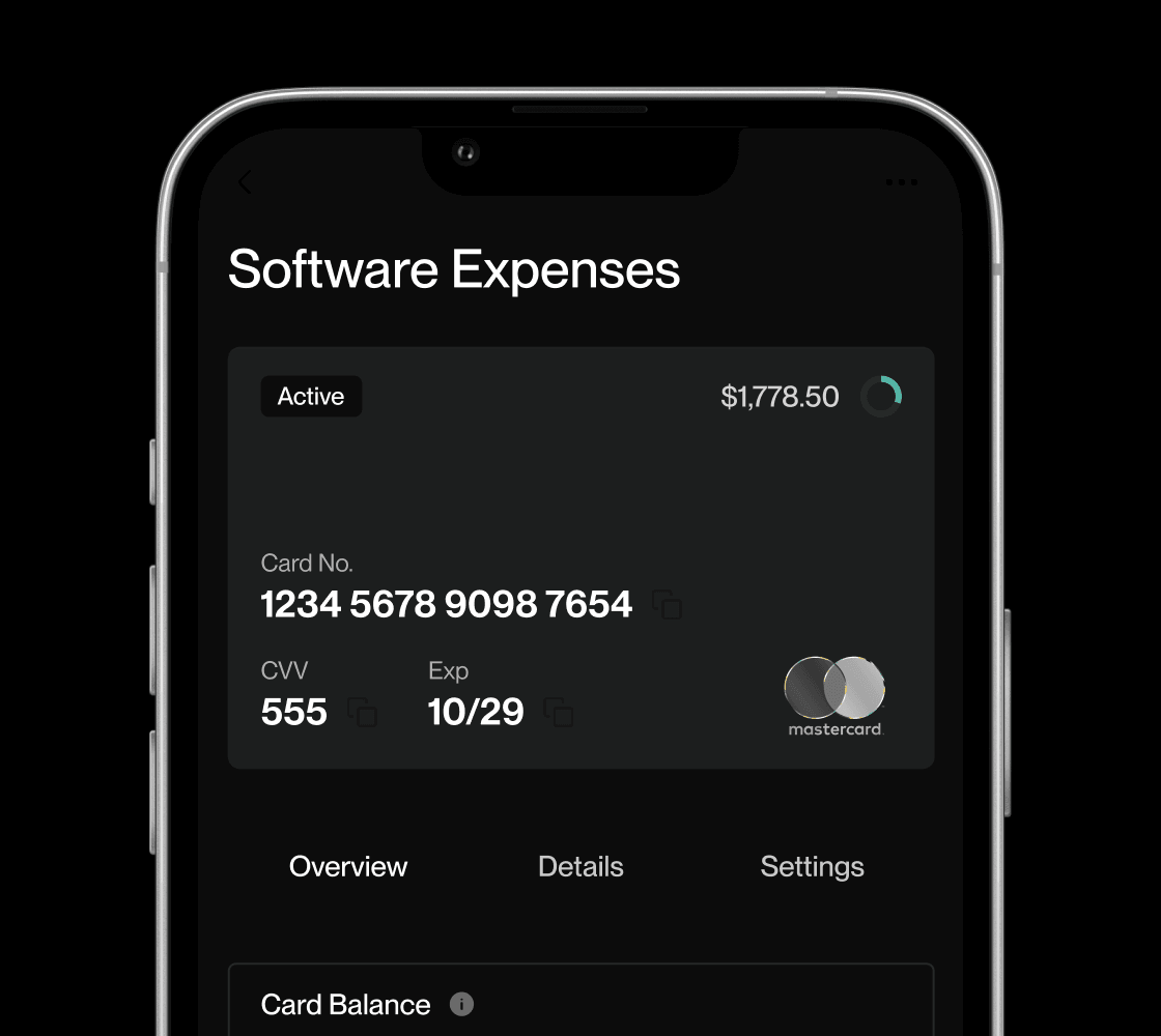 Close-up of a smartphone screen showing a digital wallet app with "Software Expenses," credit card details, balance of $1,778.50, and Mastercard logo.