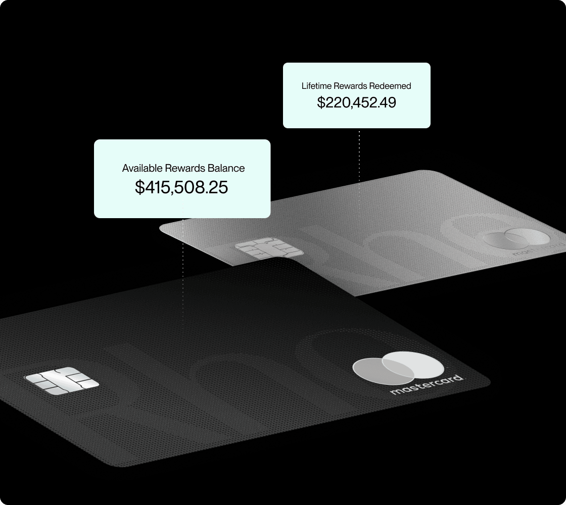 Two credit cards on a dark background with text bubbles showing an available rewards balance of $415,508.25 and lifetime rewards redeemed of $220,452.49.