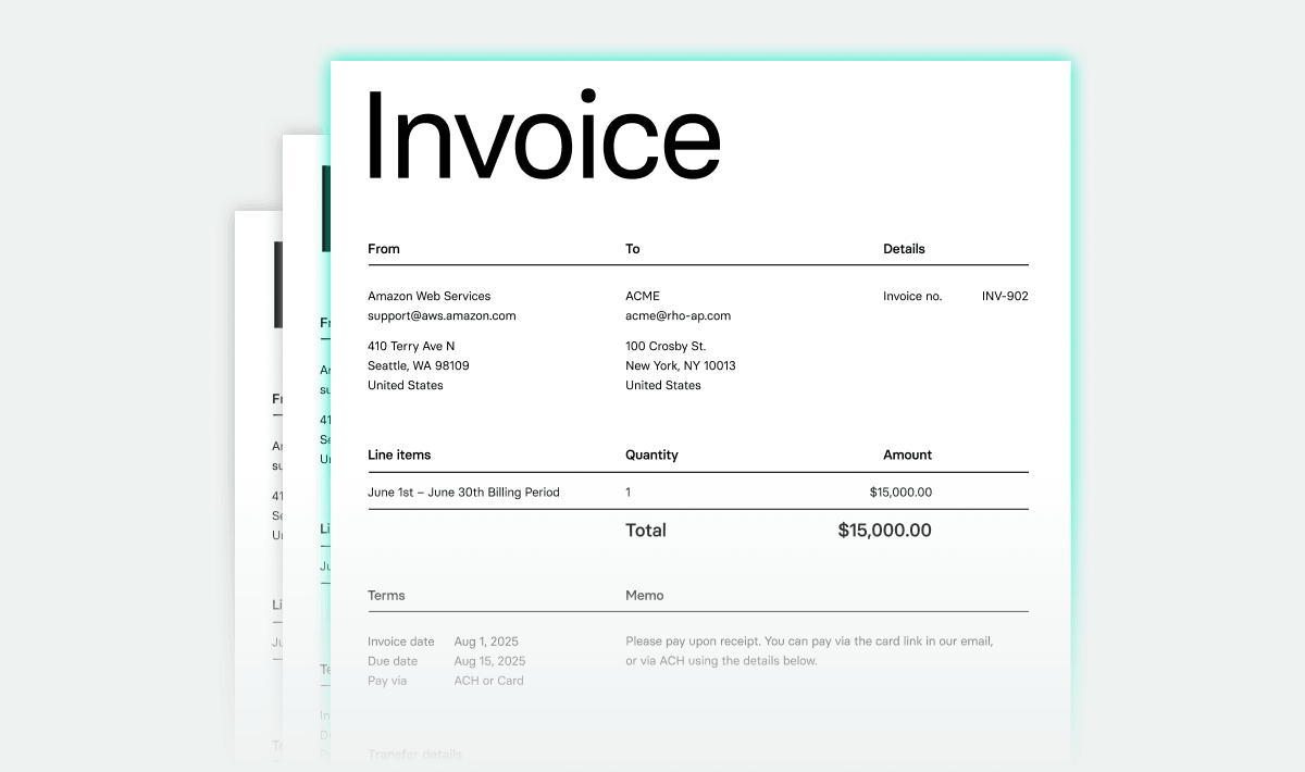 A business invoice template from Amazon Web Services to ACME, totaling $15,000 for the June billing period, with company and contact details.