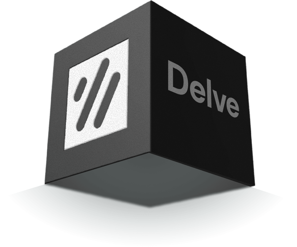 Black cube with "Delve" and a logo on its side, floating above a curved shadow on a light gray surface.