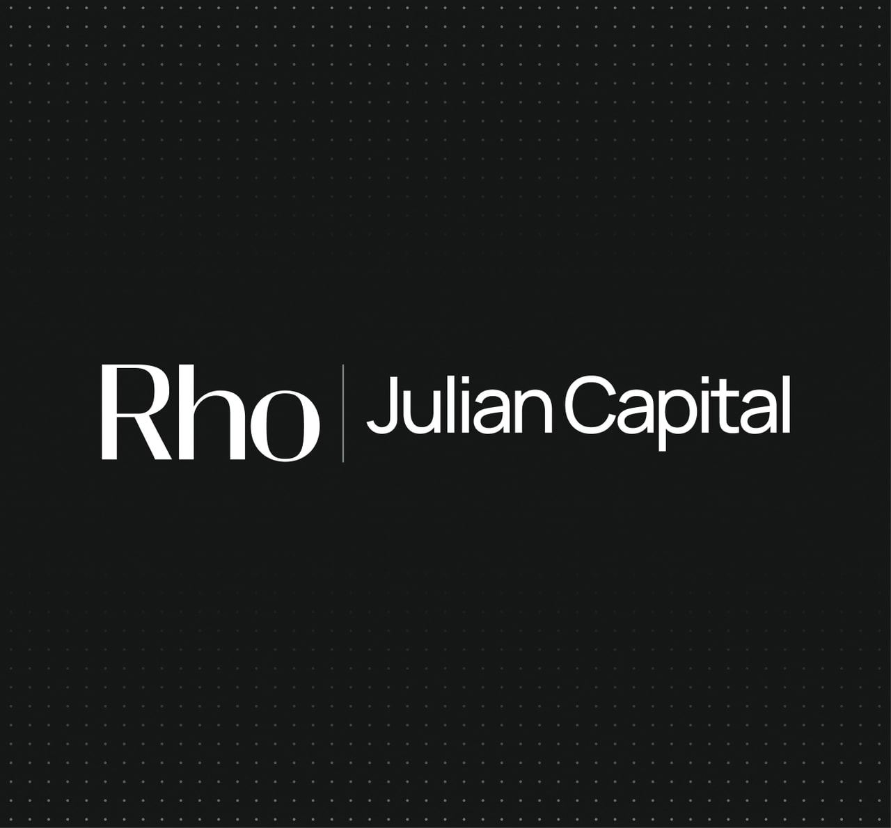 Black background with white text displaying "Rho | Julian Capital" in a modern font. Subtle dotted pattern in the background.