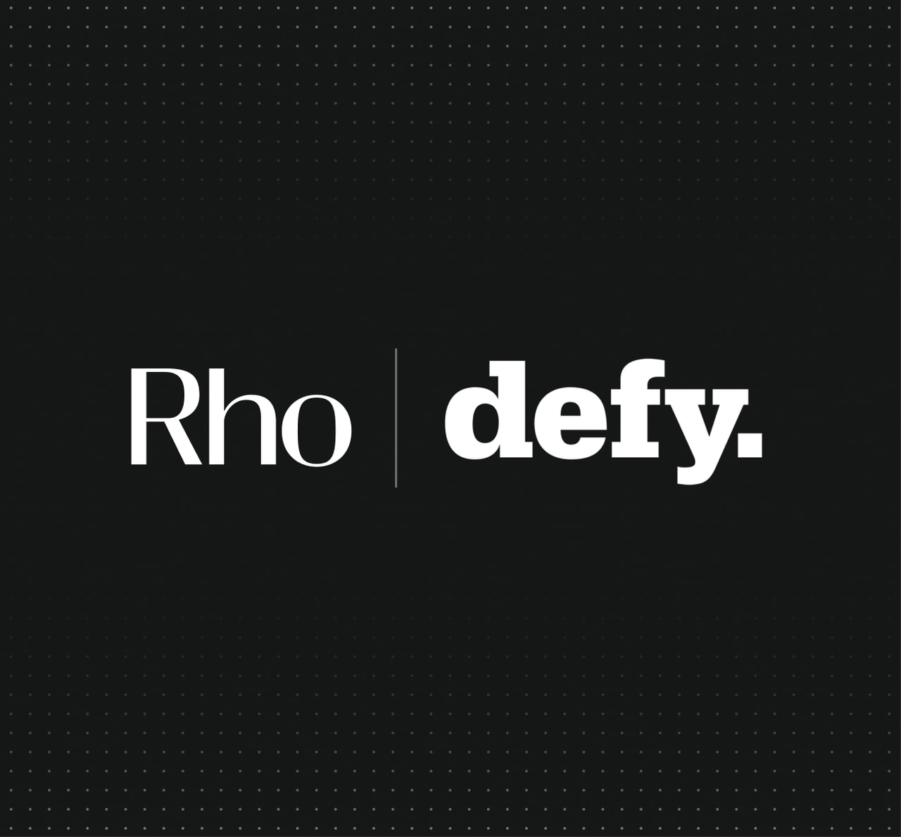 The image features the words "Rho | defy." in bold white text on a black background with a subtle dotted pattern.