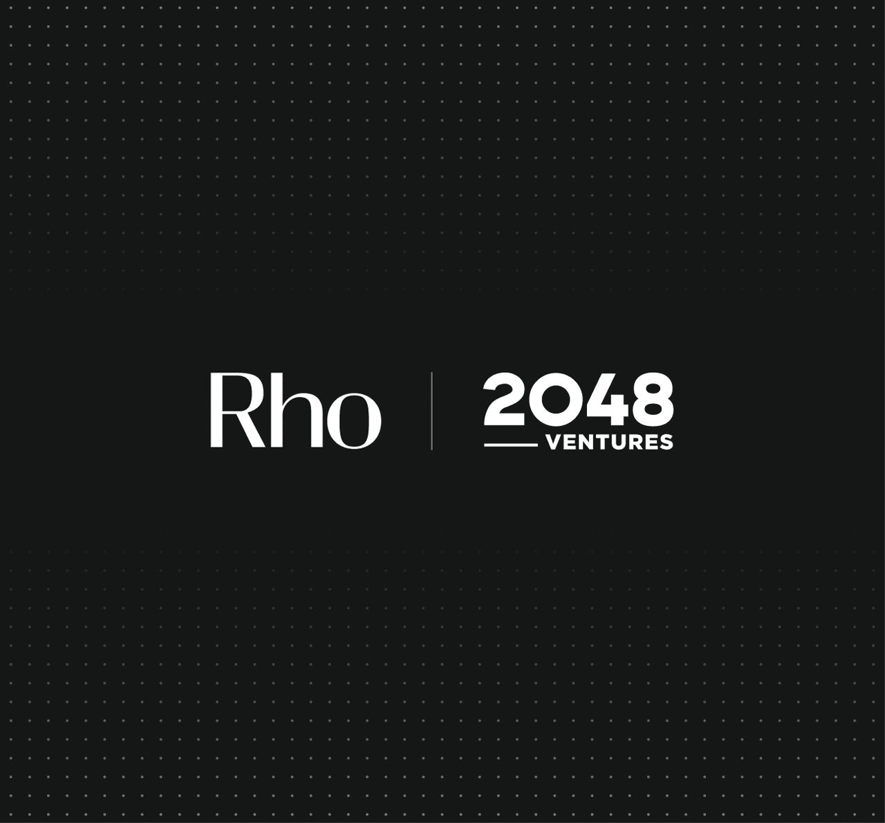 Black background with white text: "Rho | 2048 Ventures." The design features a subtle dotted pattern.