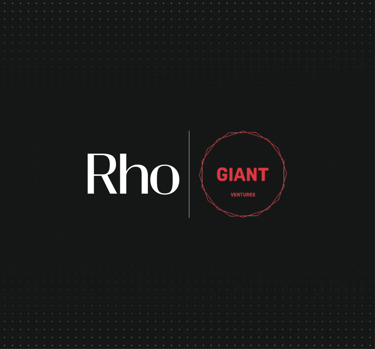 Black background with "Rho" in white and "Giant Ventures" in red inside a circle. Vertical line separates the two.