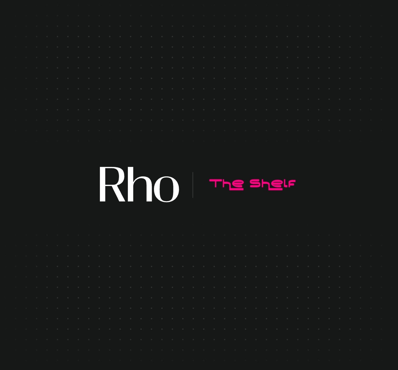 Black background with "Rho" in white and "The Shelf" in pink, separated by a line, adorned with subtle dots.