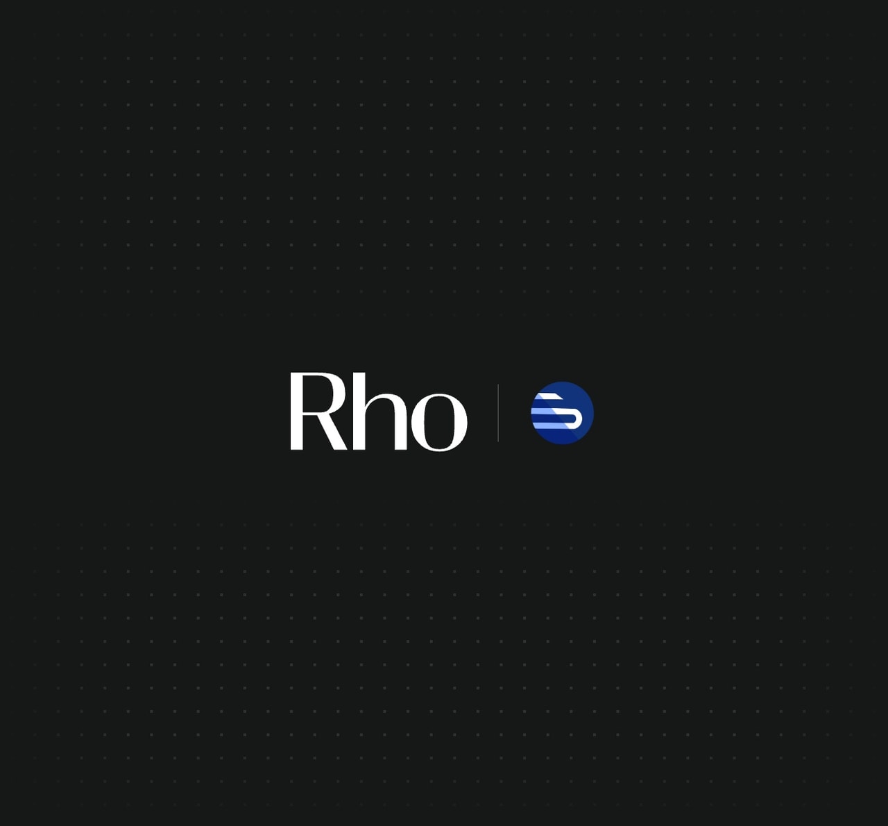 Black background with the text "Rho" and a blue circular logo featuring a stylized white "R" or arrow design.