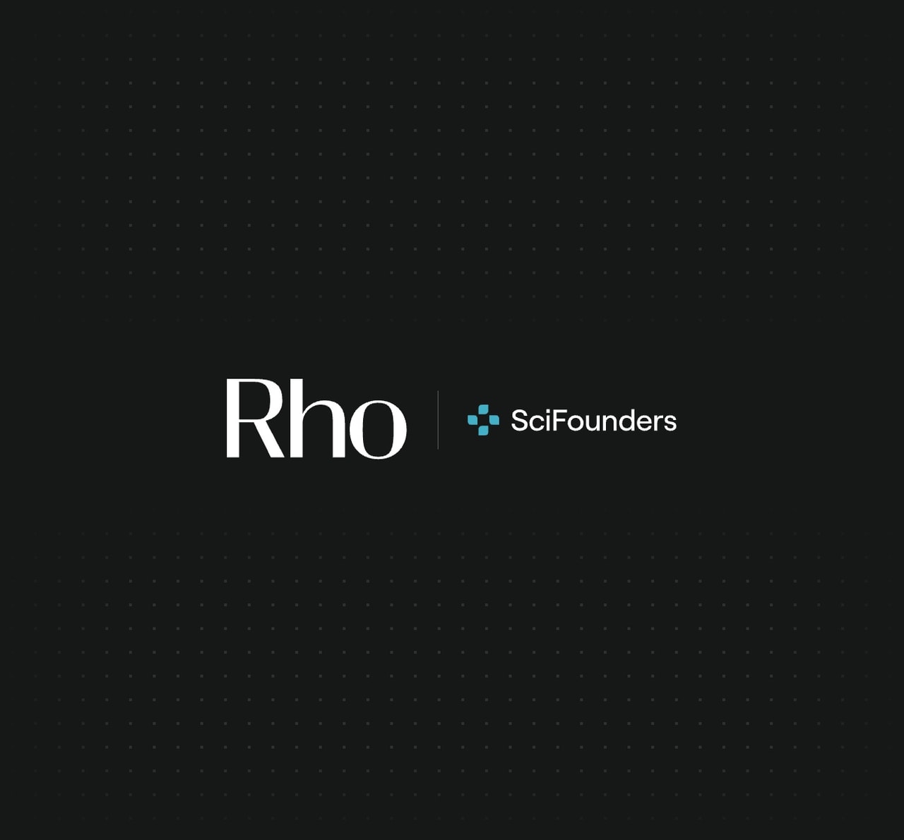 Logo with the text "Rho SciFounders" on a dark background. The word "Rho" is bold and white, and "SciFounders" is accompanied by a small blue icon.