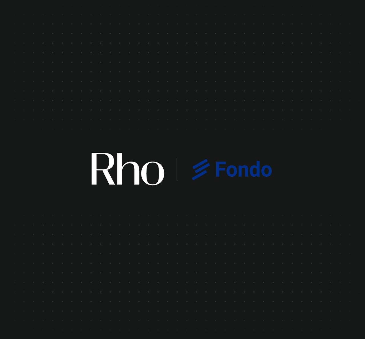 Logos of "Rho" and "Fondo" on a dark dotted background.