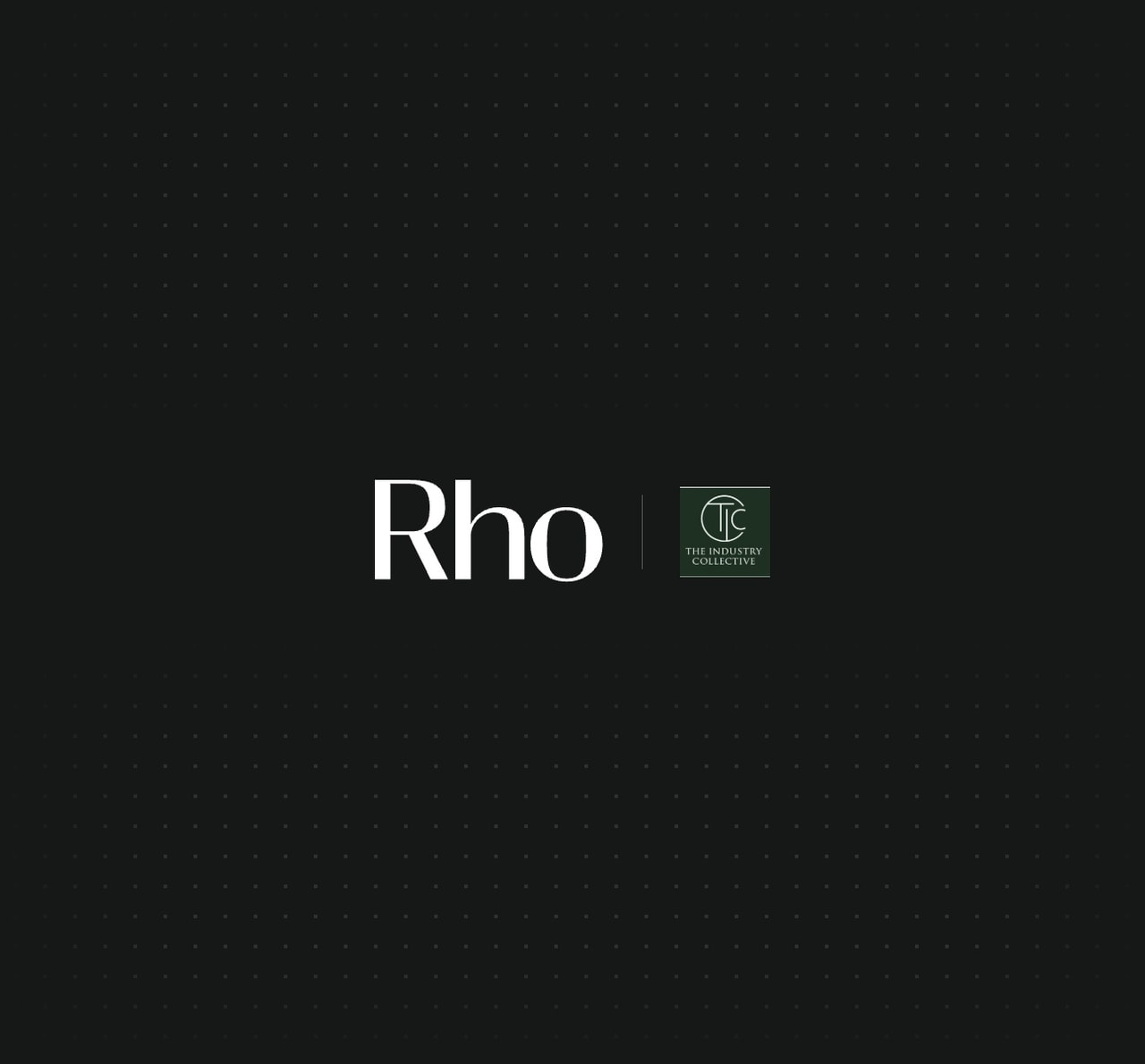 Black background with "Rho" in white and "The Industry Collective" logo in green. Minimalist design.