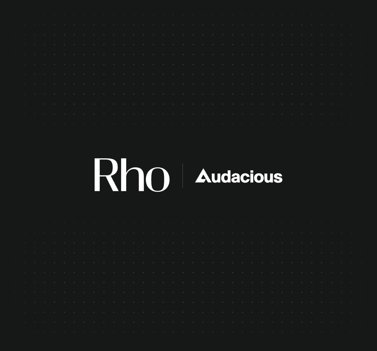 Black background with "Rho" and "Audacious" in white text, separated by a vertical line. Subtle dot pattern in the background.