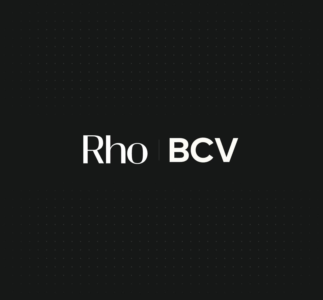 The image shows the text "Rho BCV" on a dark background with a subtle dotted pattern.