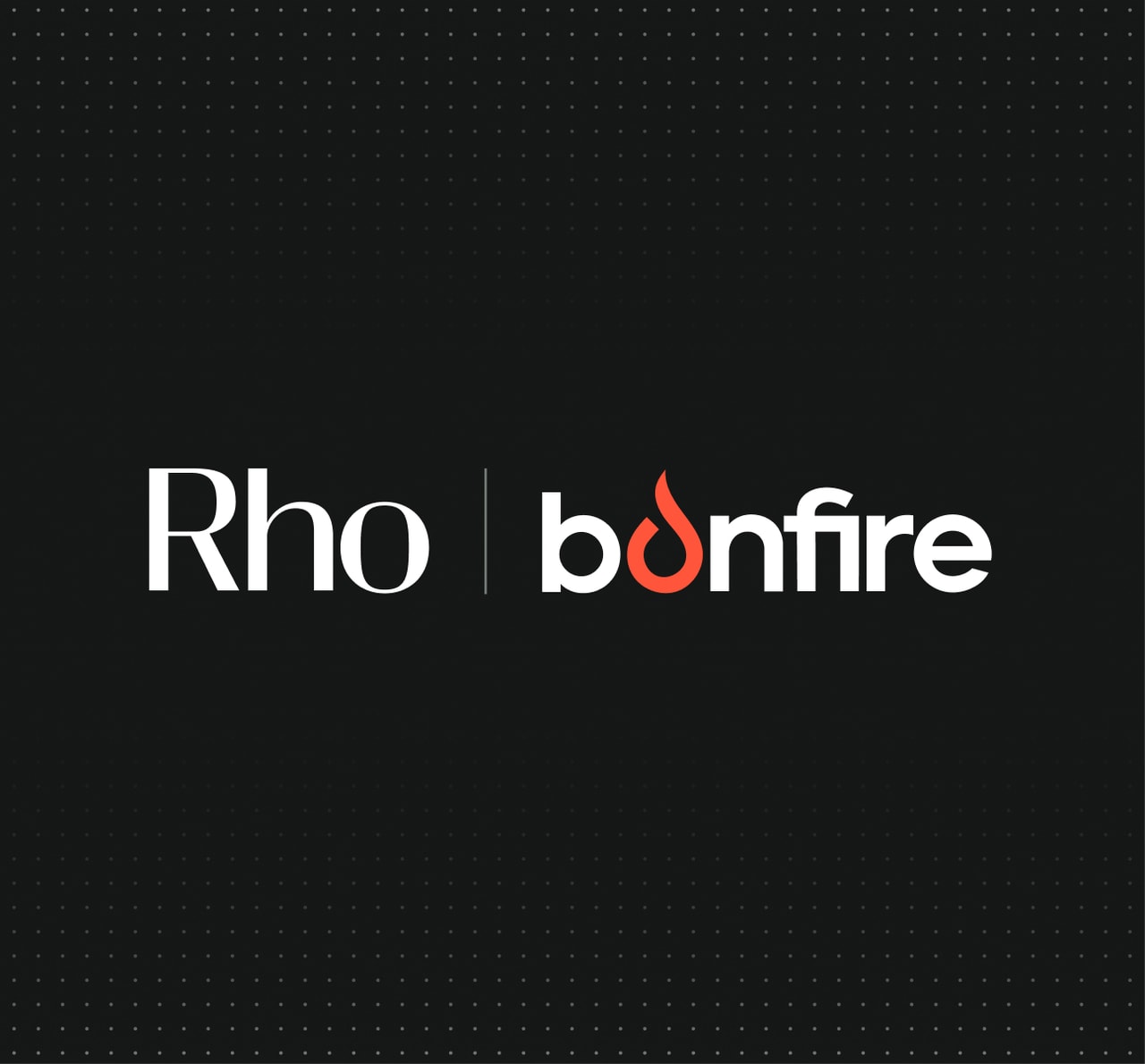 Rho and Bonfire logos on a dark background. The Bonfire logo features a stylized red flame.