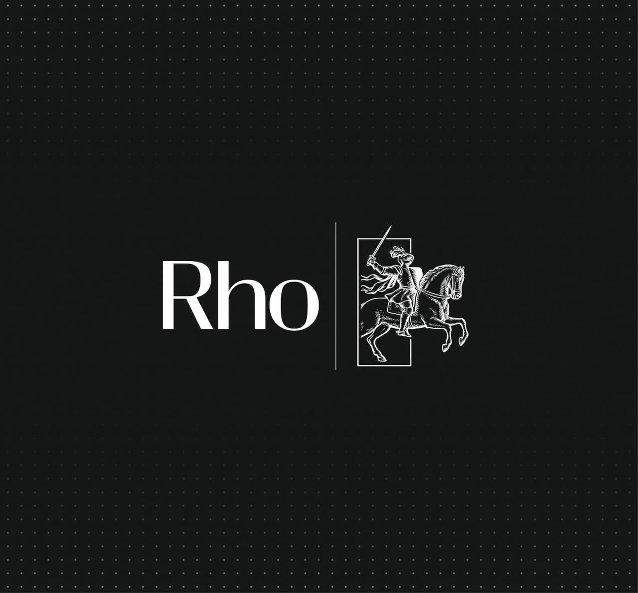 Black background with white text "Rho" next to an illustration of a knight on horseback holding a lance.