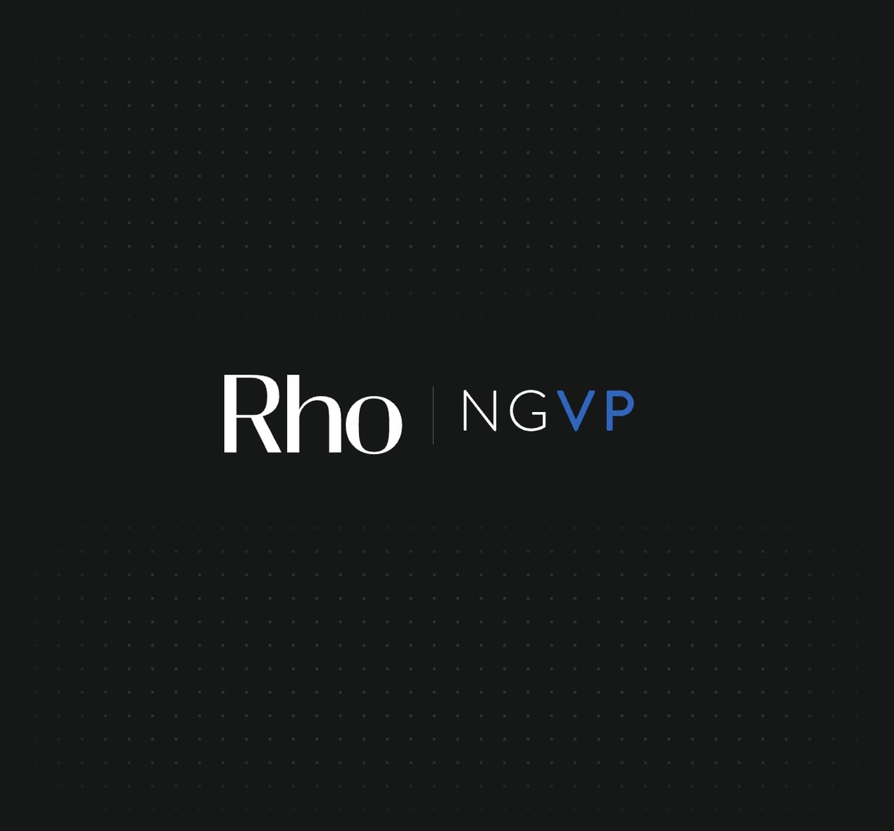 Text on a dark background reads "Rho | NGVP" with "Rho" in white and "NGVP" in blue letters.