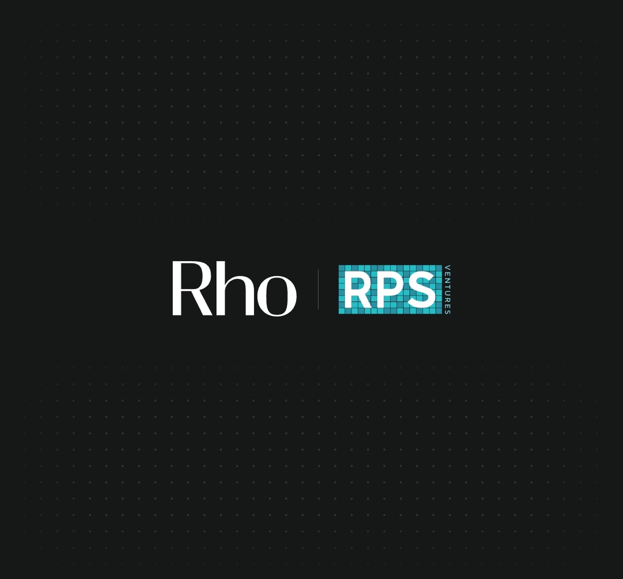 Logos of Rho and RPS Ventures on a black dotted background. Rho is in white font; RPS Ventures is in a blue and white grid design.