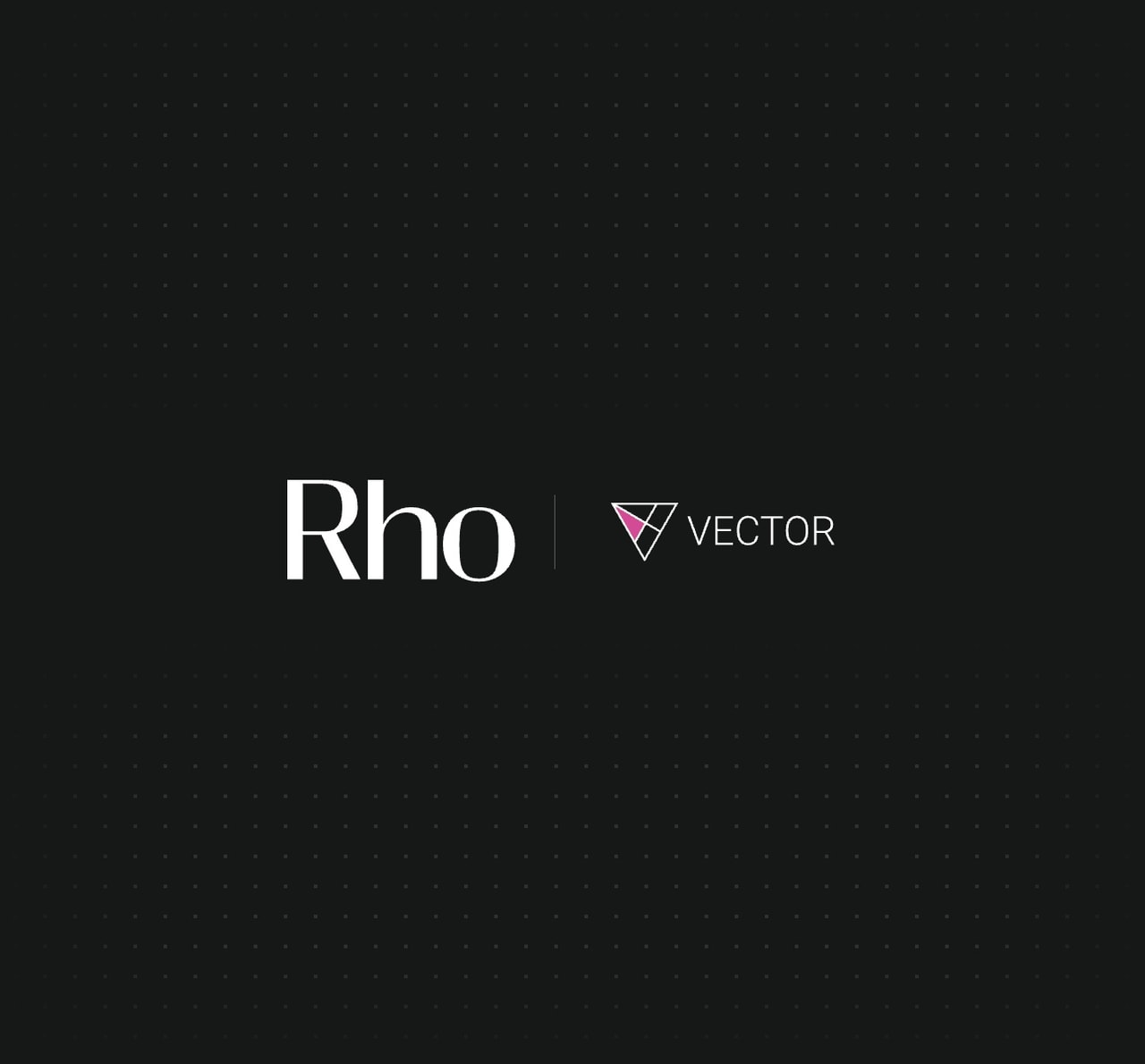 "Rho and Vector logos on a black dotted background, with Rho on the left and Vector on the right featuring a triangular emblem."