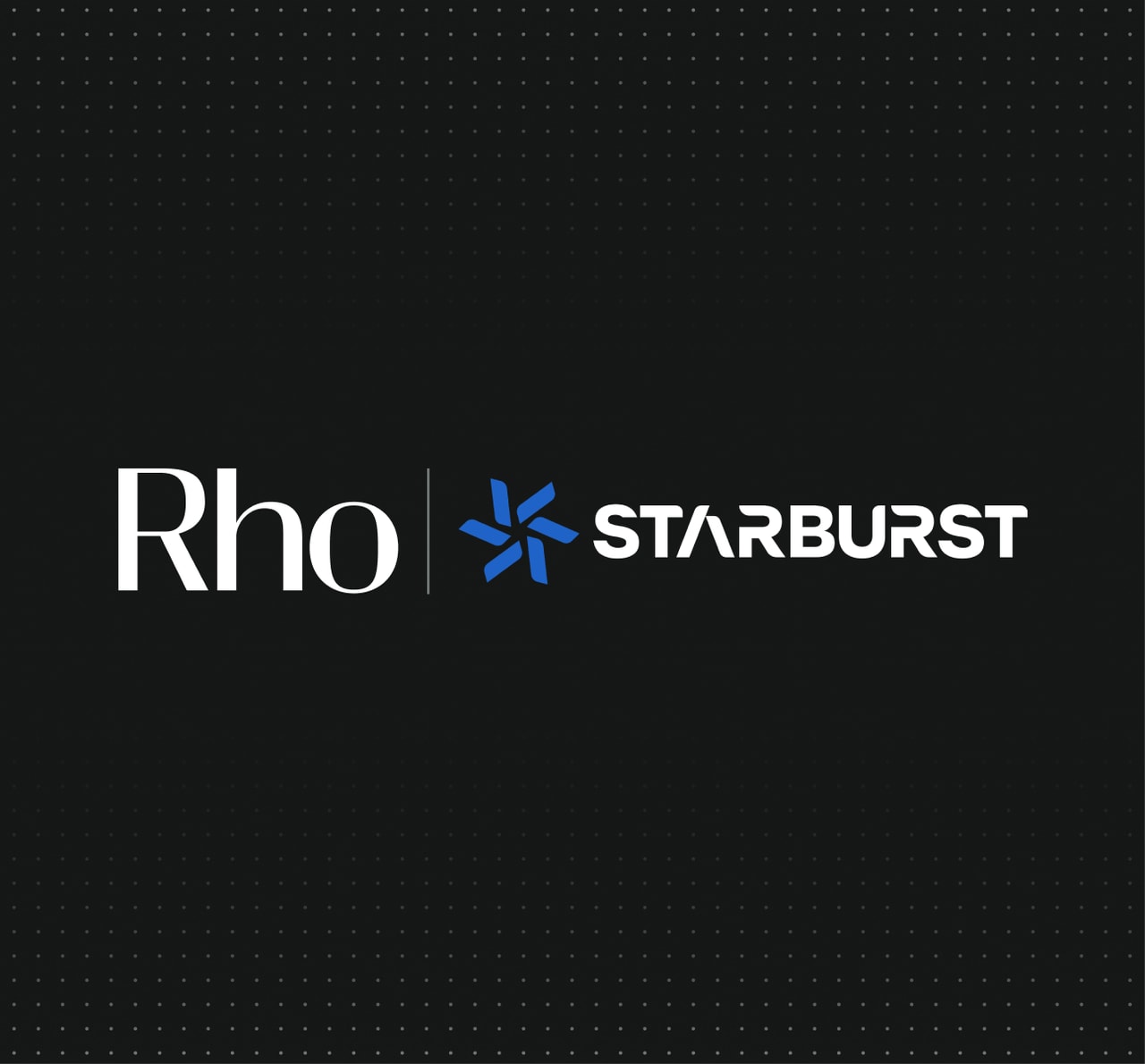 Rho and Starburst logos on a black background with a dotted pattern.
