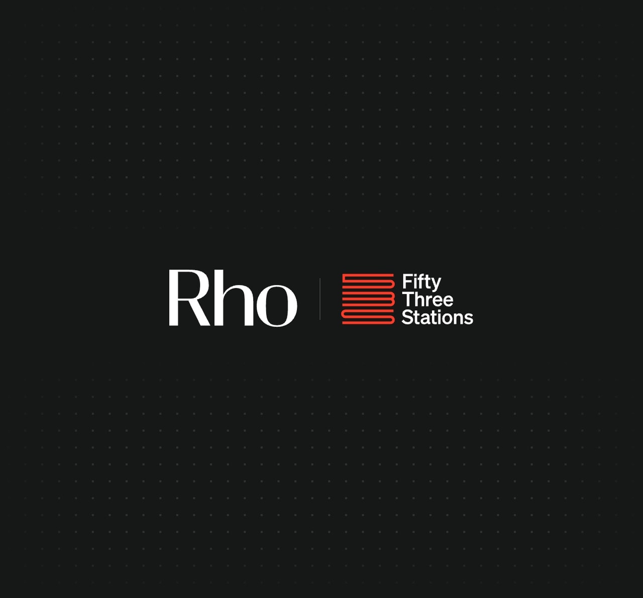 Black background with white "Rho" text and red horizontal lines next to "Fifty Three Stations" in white.