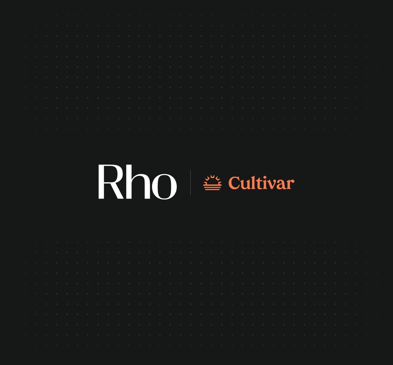 Black image featuring the text "Rho" in white and "Cultivar" in orange, separated by a vertical line and a small orange crown logo.