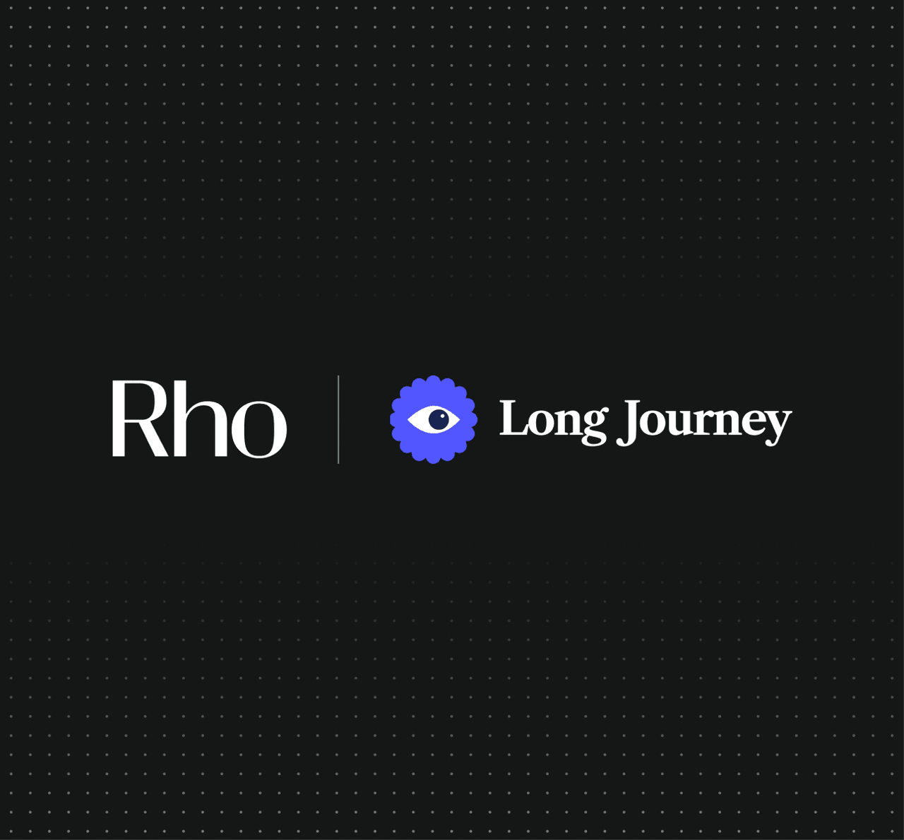 Logos of "Rho" and "Long Journey" with a stylized eye symbol in between, on a dark dotted background.