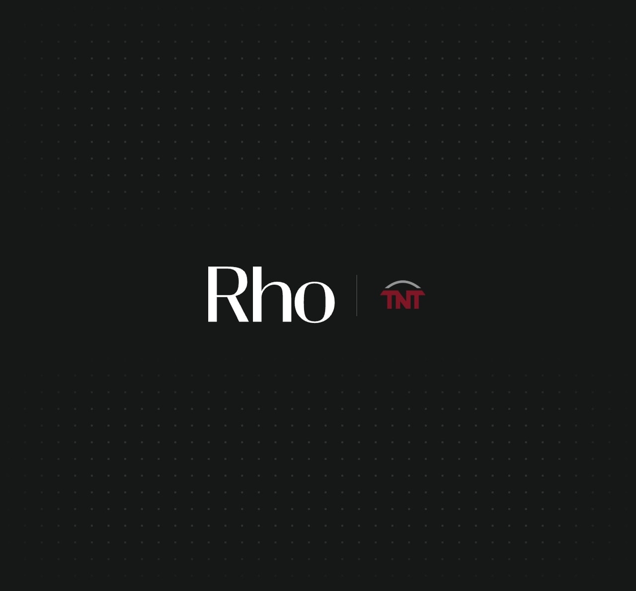 Logo on a black dotted background featuring the text "Rho" in white and "TNT" in red with an arch above it.