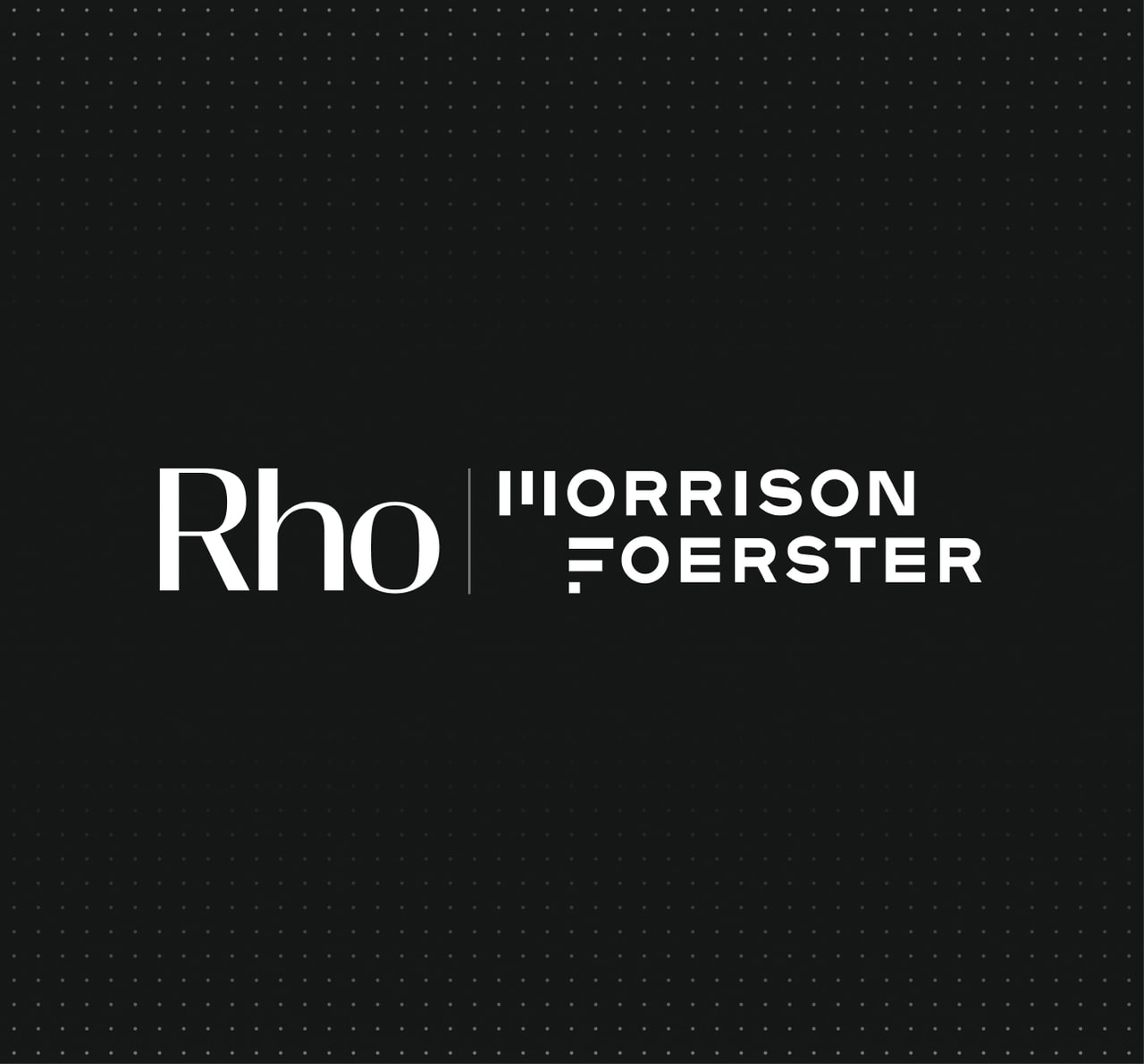 Black background with white text displaying "Rho" and "Morrison Foerster" in bold, modern fonts.