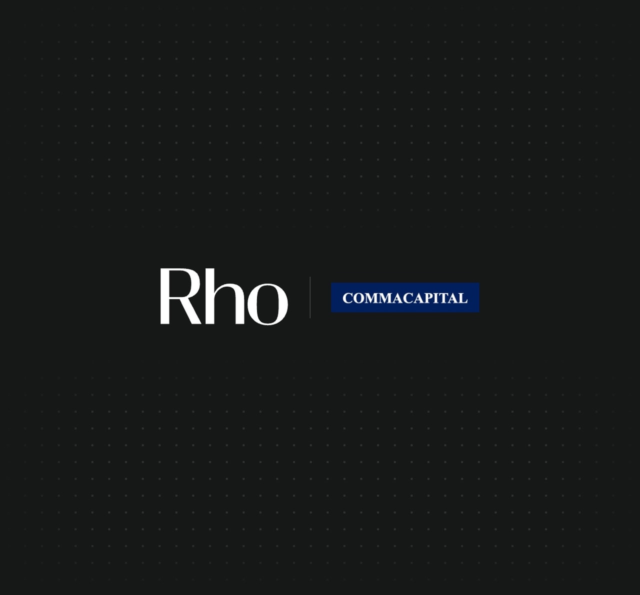 Black background featuring "Rho" in white and "COMMACAPITAL" in blue, separated by a vertical line. Subtle dotted pattern.