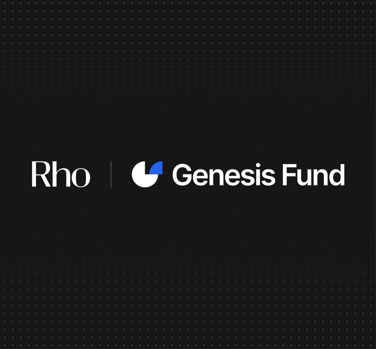 Logo featuring the text "Rho | Genesis Fund" on a dark background with dotted pattern; a blue and white abstract icon is next to "Genesis Fund".