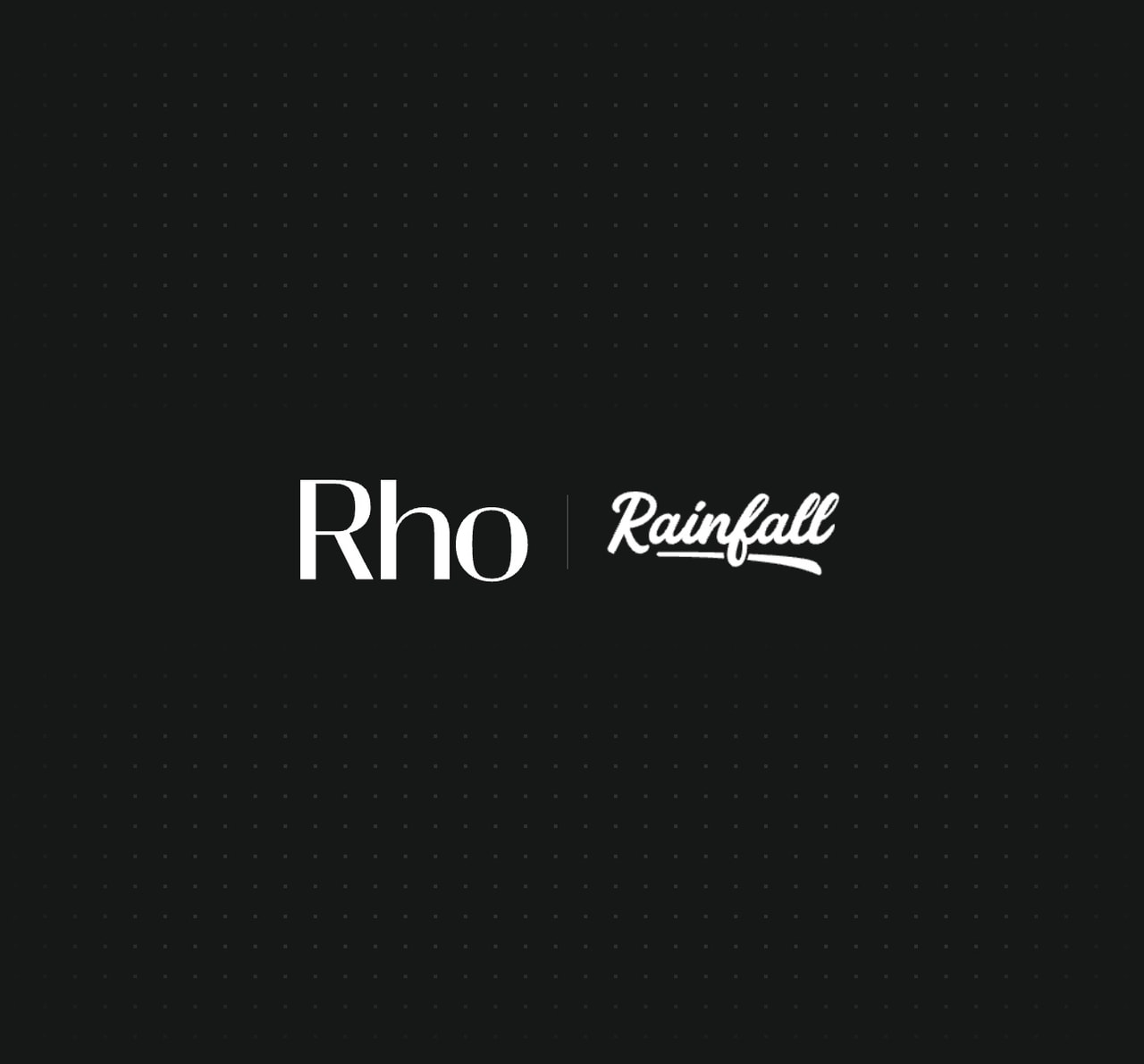 Logos of "Rho" in white font and "Rainfall" in script, on a dark background with subtle dotted pattern.