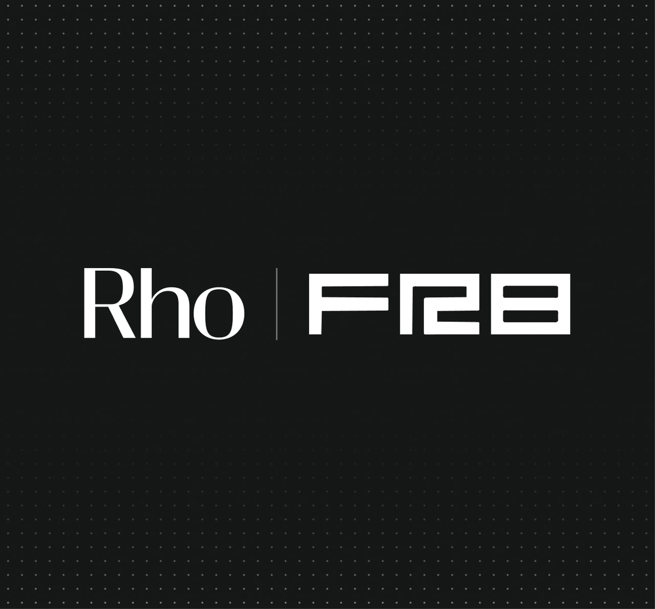 Centered white "Rho | FRB" logo on a black background with a subtle dotted grid pattern.