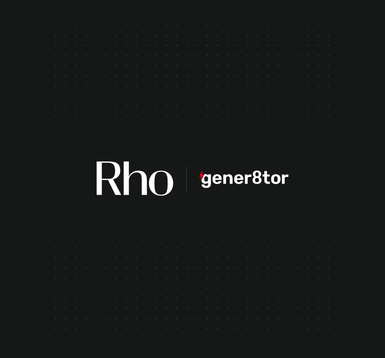 White "Rho" and red "gener8tor" logos on a black background with subtle dotted pattern.