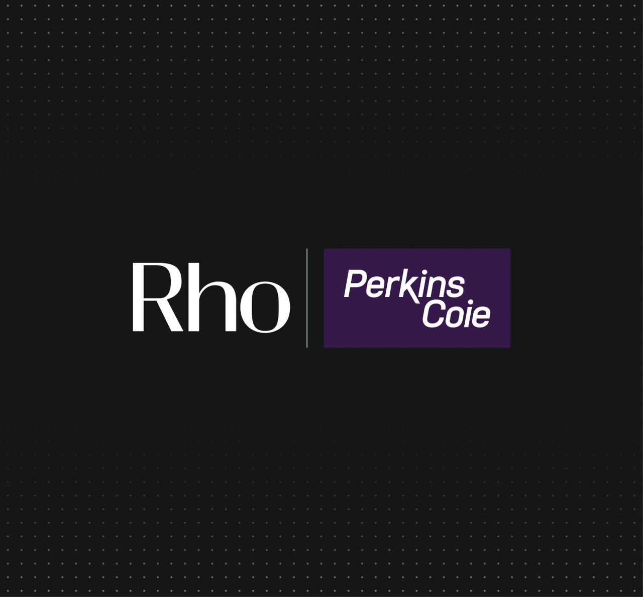 Logos of Rho and Perkins Coie on a black dotted background, with Rho in white and Perkins Coie in white on a purple rectangle.