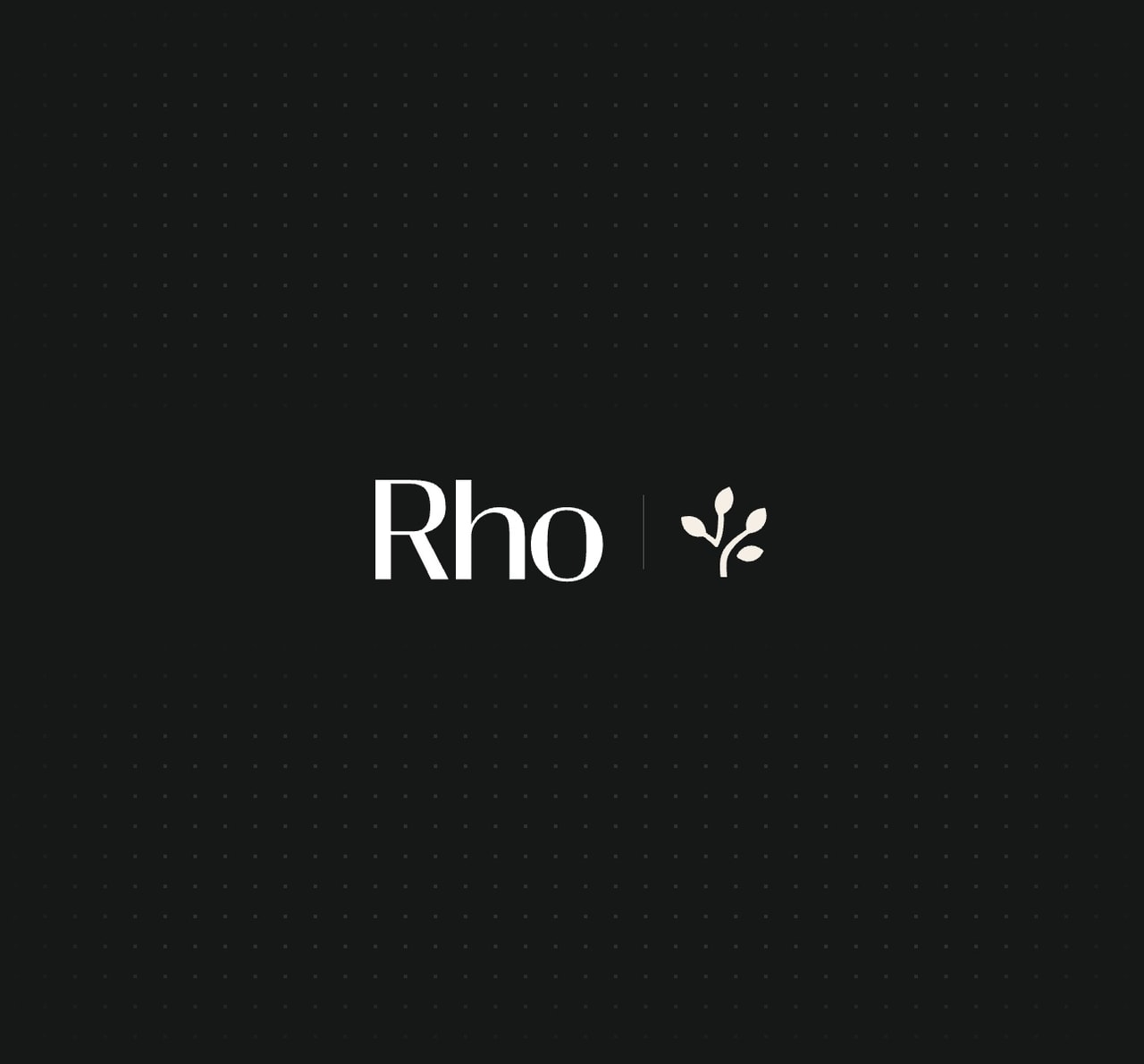 Black background with the word "Rho" in white, followed by a small plant icon, centered.