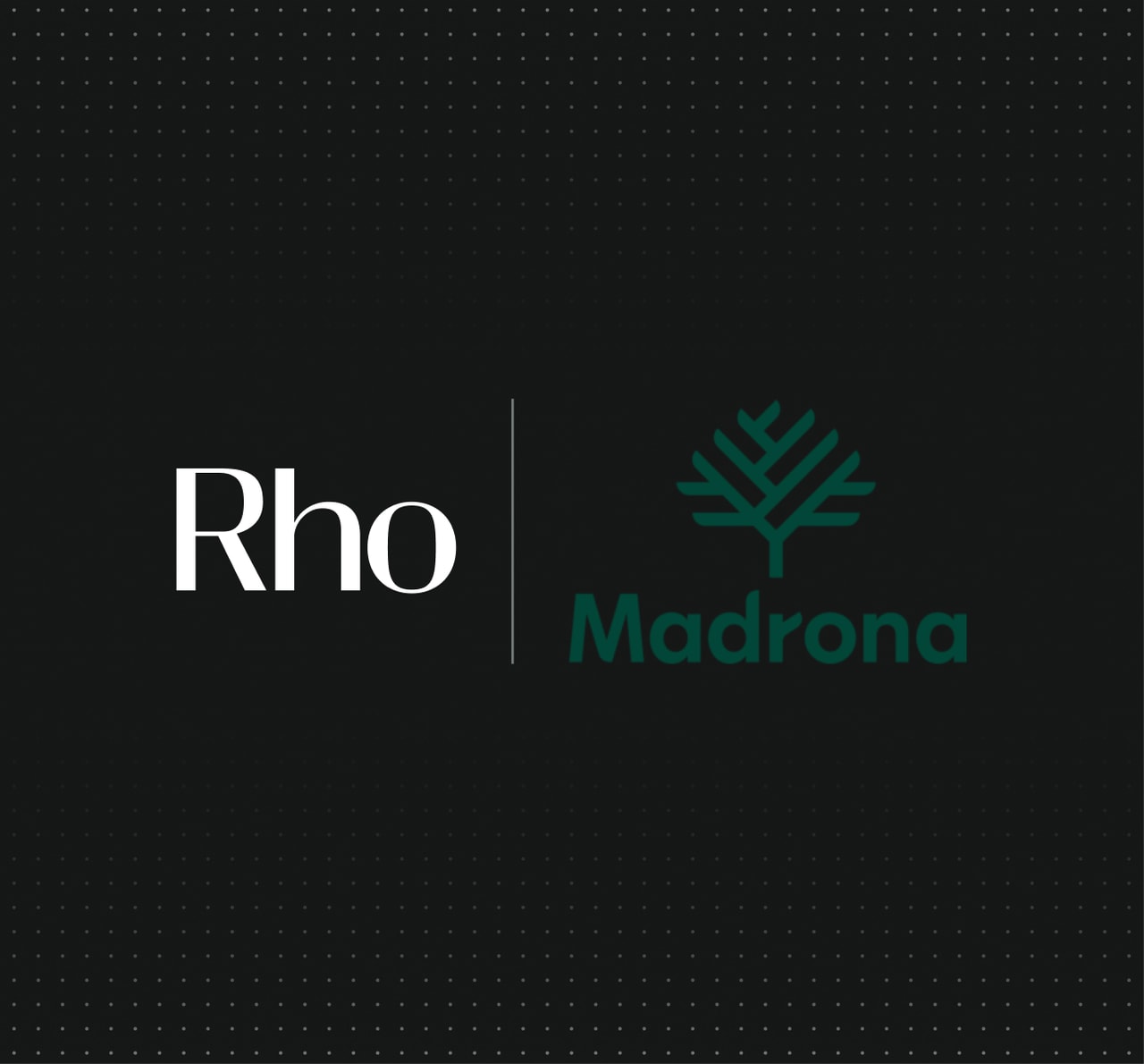 Logos of "Rho" in white and "Madrona" with a green tree symbol on a black background.