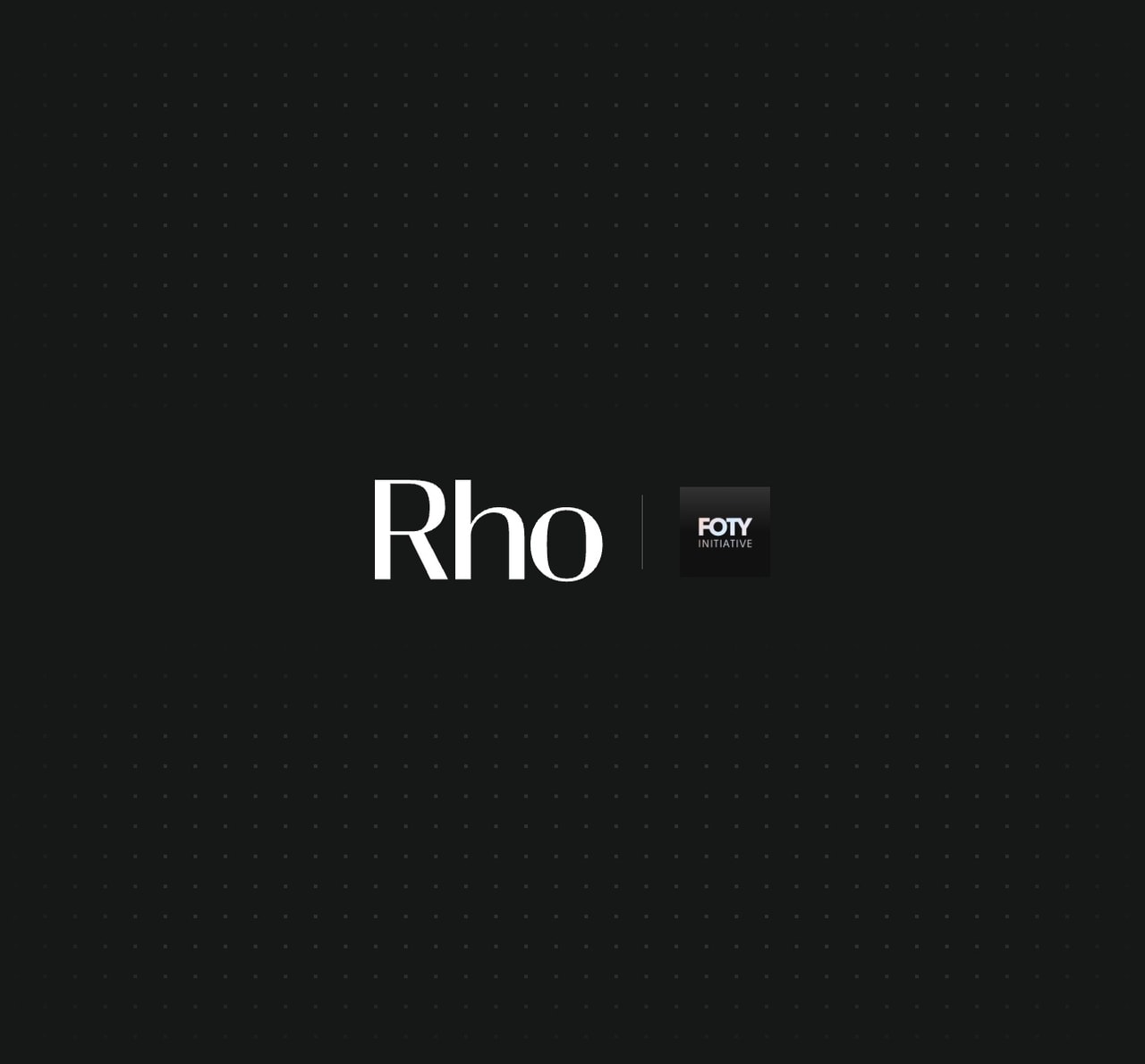 Black background with "Rho" in white text and a small "FOTY Initiative" logo beside it. Subtle dotted pattern in the background.