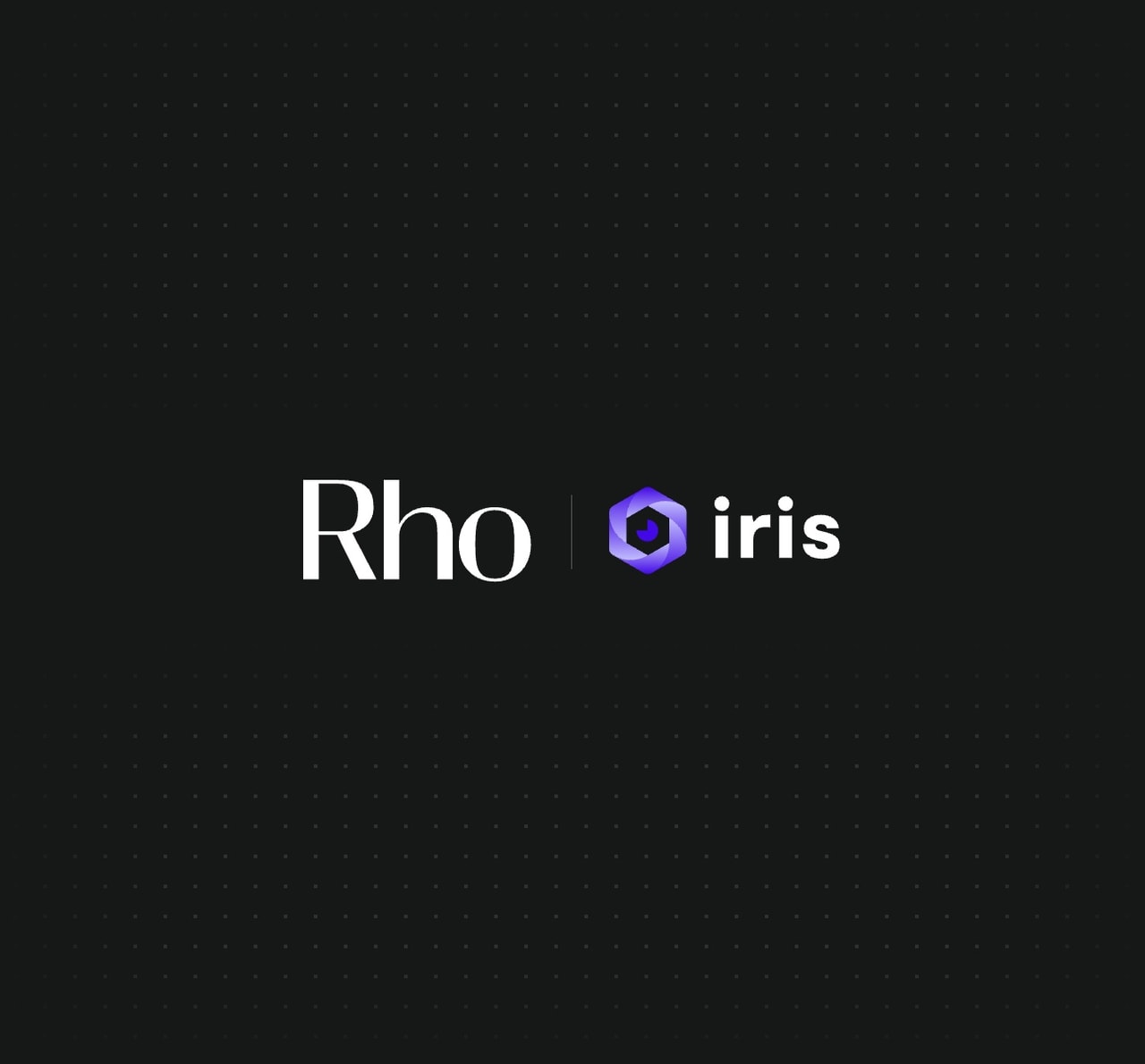 The image shows the text "Rho | iris" with a purple hexagonal logo on a dark dotted background.