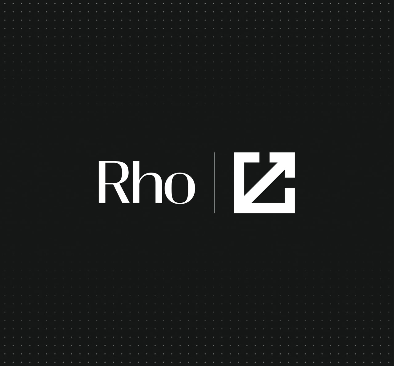 Black background with the word "Rho" in white, alongside a white icon of an arrow pointing outward from a square.