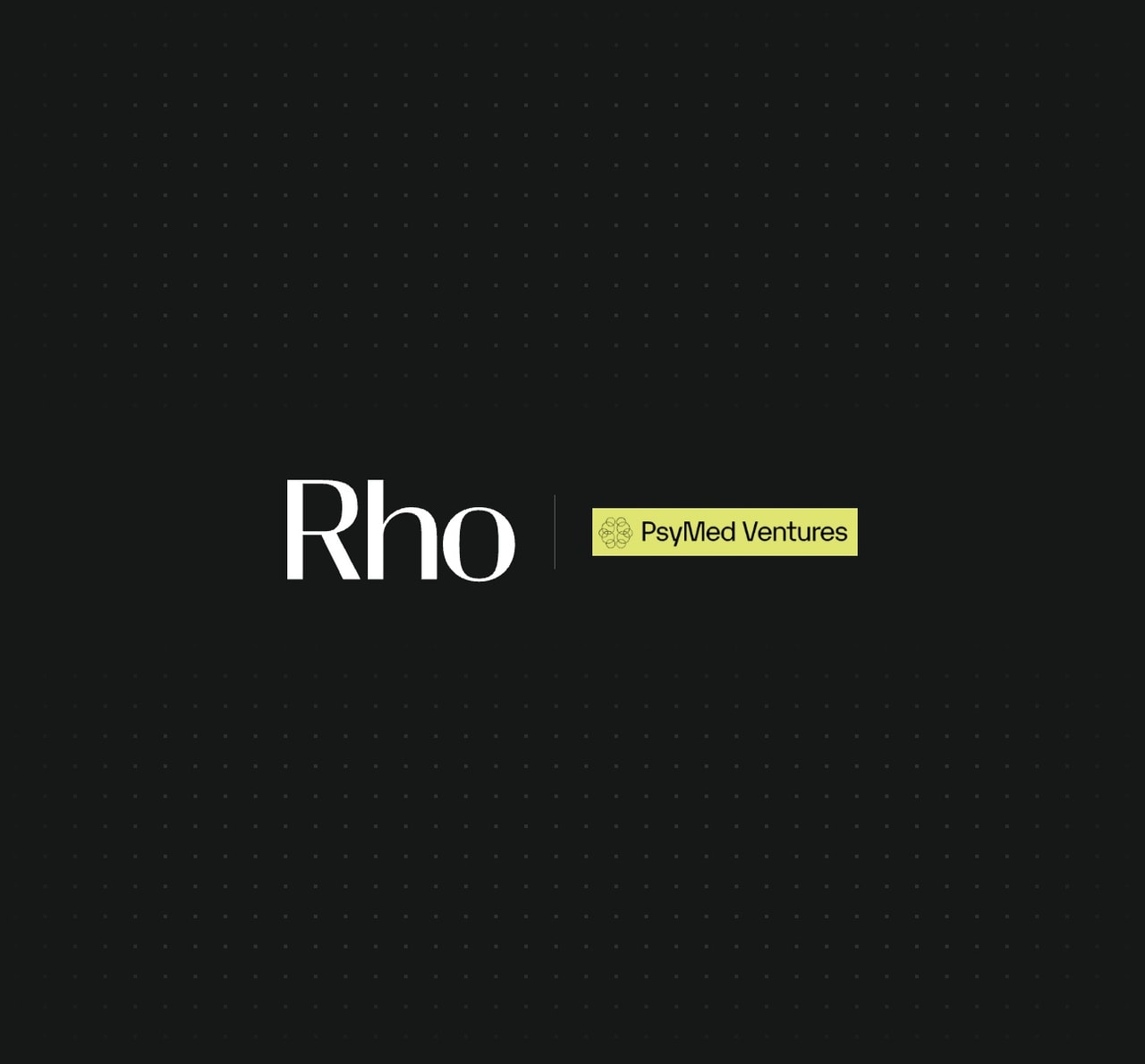 Rho and PsyMed Ventures logos on a black dotted background, with PsyMed Ventures in a yellow rectangle.