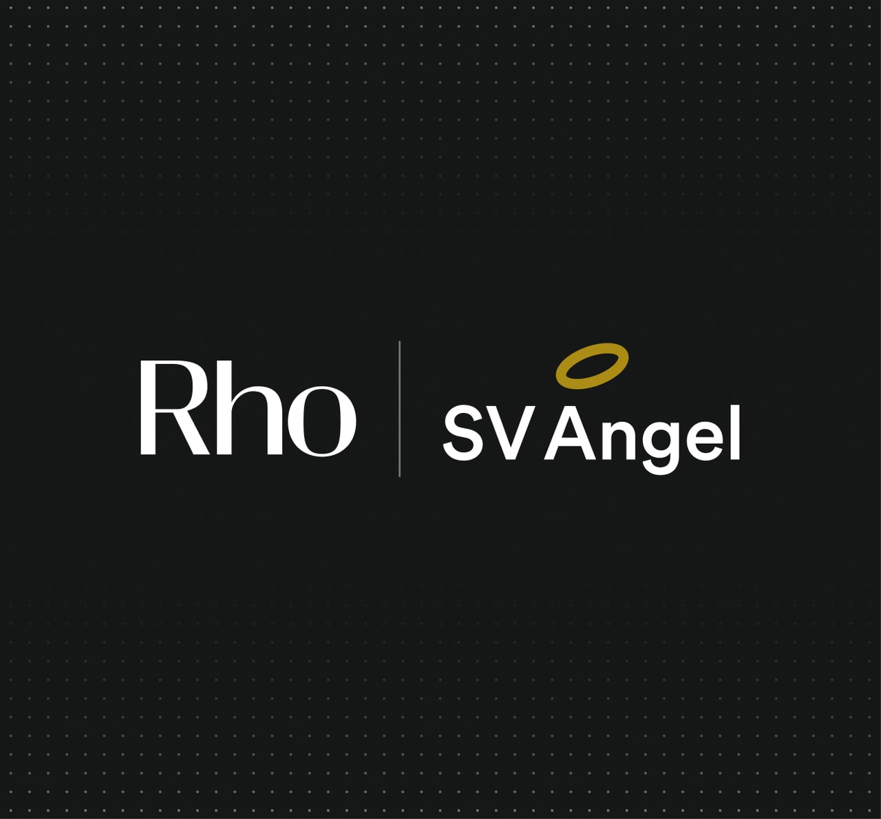 Black background with "Rho" and "SV Angel" logos in white; a golden halo is above the "A" in "Angel."