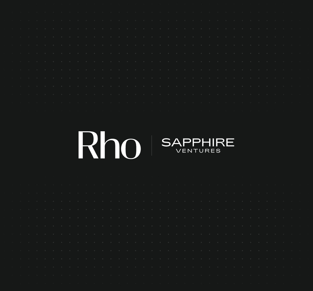Black background with white "Rho" and "Sapphire Ventures" logos in the center, featuring a dotted pattern.